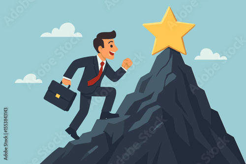 Ambitious businessman climbing mountain toward golden star, symbolizing career success, achievement, leadership, ambition, business goals, professional growth, motivation, and overcoming challenges
