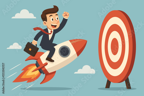 Ambitious businessman riding rocket toward large target. Business success, goal achievement, marketing strategy, leadership, innovation, career growth, determination, motivation concept vector