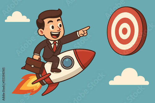 Ambitious businessman riding rocket toward target. Success, achievement, goal setting, business growth, leadership, motivation, marketing strategy. Cartoon vector illustration, innovation, vision.