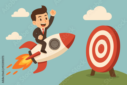 Ambitious businessman riding rocket toward large target. Success, achievement, goal setting, business growth, marketing strategy, leadership, motivation, cartoon vector illustration concept