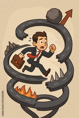 Businessman running on spiral road overcoming obstacles, career challenge metaphor, stress, risk, competition, business journey, cartoon vector, flames, spikes, boulder, upward arrow, ambition