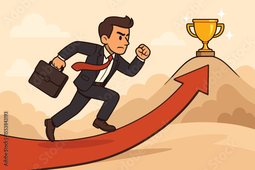 Ambitious businessman running uphill on red arrow path toward golden trophy, symbolizing career growth, success, achievement, determination, motivation, leadership, and professional goal attainment