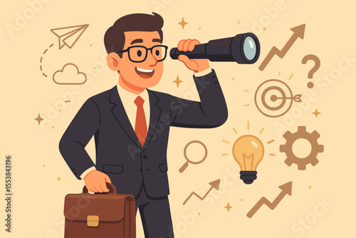 Businessman in suit searching for new opportunities with telescope, briefcase, innovation, growth, success, leadership, vision, strategy, creative ideas, business goals, vector illustration