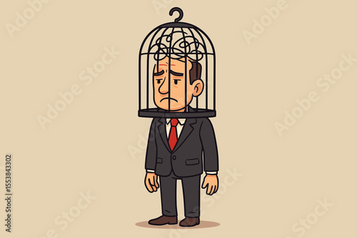 Businessman with cage on head as a metaphor for trapped mind and limited thinking. Concept of mental prison, creative block, stress, burnout, anxiety and disordered thoughts.
