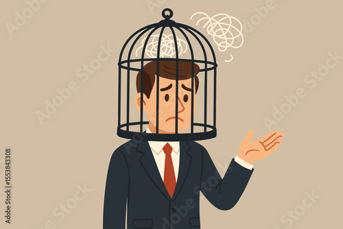 Businessman with cage on head symbolizing disordered thoughts, creative block, mental burden, stress, anxiety, and limited freedom. Vector cartoon.