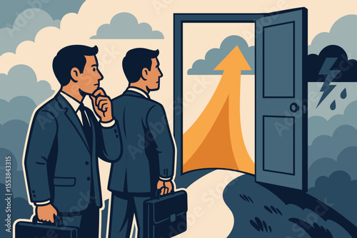 Businessmen contemplate a career choice at a crossroads, facing a difficult decision. Metaphor for opportunity vs challenge, growth vs risk. Open door to success or stay in the storm.