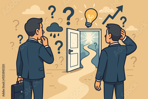 Business choice concept. Two businessmen contemplate career decisions, facing a door to new opportunities. Metaphor for challenge, dilemma, strategy, future path, and solution.