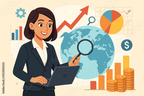 Financial analyst businesswoman with laptop conducting global market research. Vector concept of investment strategy, economic growth, and data analysis with globe, charts, and graphs.