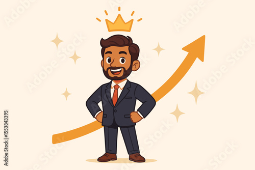 Confident businessman with crown celebrating success and achievement. Concept of leadership, career growth. Upward arrow symbolizes promotion, being the best employee, top performer. Vector.