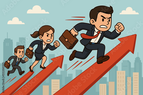 Determined Entrepreneurs Persevere in Tough Business Competition, Running Upward Growth Arrows. Vector Cartoon Illustration with Businesspeople, Sky, and City Buildings.
