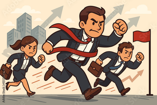 Business competition concept with determined entrepreneurs running a corporate race to success. Man and woman in suits compete for leadership. Career growth, ambition, rivalry, goal. Vector.