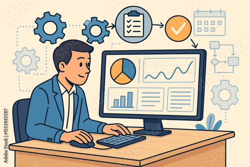 Operations management and workflow optimization concept. Businessman at desk analyzing data dashboard with charts for business process monitoring and strategic project management.