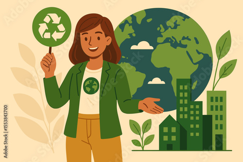Eco-Friendly Woman Advocating Sustainable Business Practices for a Greener Planet, Holding Recycling Sign, Earth, Buildings. Vector Cartoon.