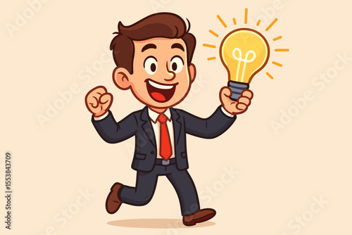 Enthusiastic businessman running with bright lightbulb, symbolizing innovation, creative idea, and successful business solution. Cartoon vector illustration.