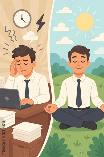 Stress vs calm comparison illustration. Businessman with job burnout at the office contrasted with meditating for inner peace and mental wellness. Work life balance, mindfulness concept.