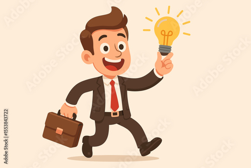 Enthusiastic Businessman Running with Briefcase and Lightbulb Idea. Creative Innovation, Business Success, Entrepreneurship, and Solution Concept. Bright New Ideas.
