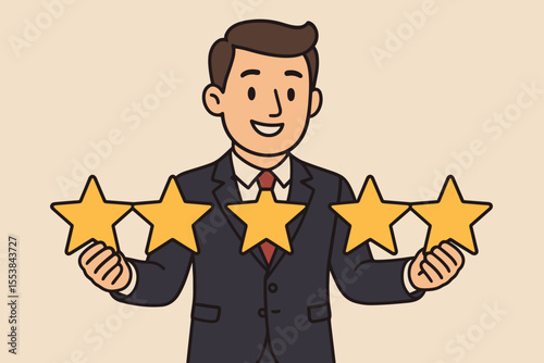 Businessman Holding Five Yellow Stars Illustrating Top Customer Review, User Rating, Quality Service, and Product Excellence Concept