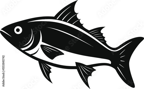 Black Silhouette Fish Vector Illustration – Minimal Marine Animal Icon Design with editable