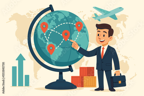 International trade and logistics concept. Businessman with globe, airplane and containers. Corporate globalization strategy for market expansion and business growth. Vector illustration.