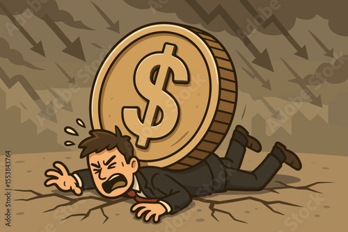 Businessman crushed under a giant dollar coin. Concept of financial crisis, debt burden, economic recession, and bankruptcy. Metaphor for money problems, pressure, and failure.