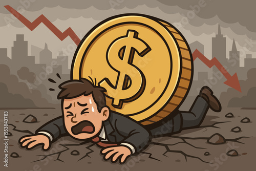 Businessman Crushed by Giant Dollar Coin in Economic Crisis, Financial Debt, Ruin, Cartoon Illustration. Business Failure, Recession, Depression