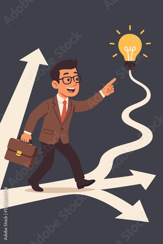 Innovative businessman choosing unique path to success. Man at crossroads making a career choice. Following winding road to a creative idea lightbulb. Alternative solution concept.
