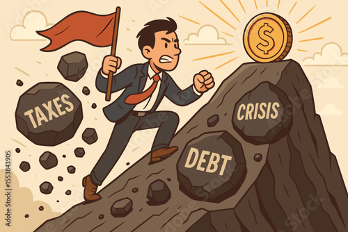 Determined Businessman Climbing Mountain Overcoming Taxes Debt Crisis to Reach Financial Success, Perseverance Hardship Achievement Concept, Motivational Vector Illustration