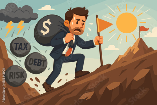 Businessman Climbing Mountain Overcoming Financial Challenges Vector. Entrepreneur Carrying Money Bag Up Slope Facing Tax Debt Risk Metaphor. Success, Perseverance, Adversity Concept Illustration