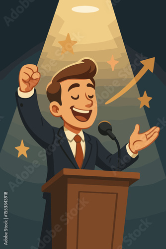 Confident businessman giving motivational speech at podium under spotlight, inspiring audience, leadership, success, public speaking, business growth, cartoon vector illustration, achievement concept