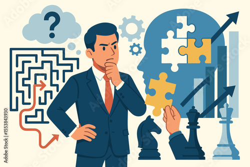 Business Problem Solving and Strategic Decision Making Concept. Maze, Puzzle Pieces, Chess, Growth Arrows, Businessman Thinking. Critical Thinking, Leadership, Innovation, Solution Strategy Vector