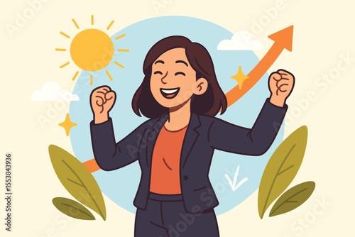 Confident businesswoman celebrating success, positive mindset, optimistic attitude, career growth, motivation, achievement, rising arrow, sunny day, vector cartoon illustration