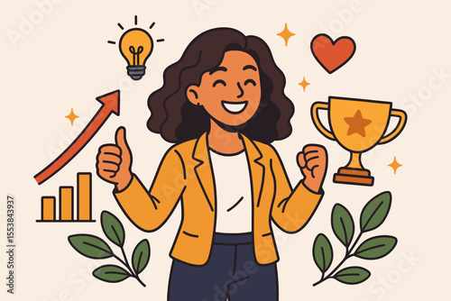 Confident businesswoman cartoon illustration showing positive mindset, success, motivation, achievement, growth, inspiration, leadership, trophy, upward graph, heart, and creativity concept
