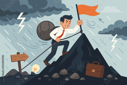Businessman Climbing Mountain in Storm Carrying Heavy Burden. Perseverance, Overcoming Obstacles, Success, Leadership, Motivation, Achievement, Adversity, Determination, Challenge, Career Growth