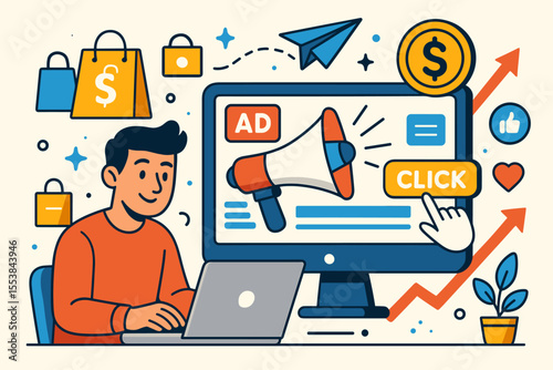 Digital Marketing Strategy Vector Illustration. Online Advertising Campaign, Pay Per Click, Social Media Promotion, E-commerce Sales Growth, Internet Business, Shopping, Target Audience Concept