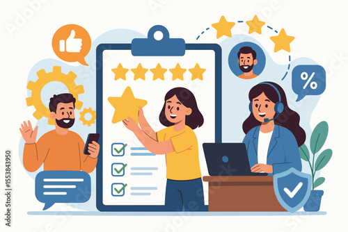 Customer Experience Improvement, Feedback Management, Reputation Building, Five Star Rating, Client Support, Satisfaction Survey, Quality Service, Review Analysis, Vector Illustration