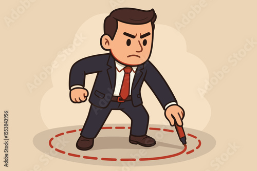 Businessman Drawing Personal Boundaries Concept. Cartoon Vector Illustration of Confident Man in Suit Creating Protective Circle. Setting Limits, Self Protection, Assertiveness, Workplace Metaphor