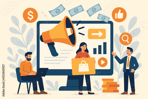 Digital marketing strategy concept with business team, online advertising, social media promotion, e-commerce sales, analytics, megaphone, money, computer, vector illustration for web and branding