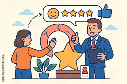 Customer Trust Recovery and Satisfaction Improvement Concept. Five Star Feedback, Reputation Management, Positive Review, Business Client Service, Loyalty, Quality Assurance Vector Illustration