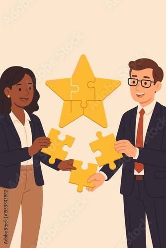 Business teamwork collaboration concept. Diverse partners connecting golden star puzzle pieces. Success, leadership, partnership, goal achievement, mentorship, cooperation. Vector illustration.