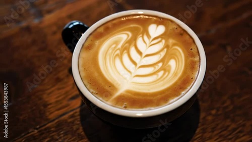 A latte with latte art in a black mug resting on a dark wooden surface