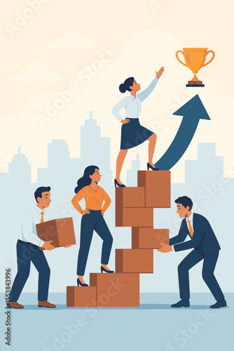 Business teamwork building stairs to success, employees collaborating to reach trophy, career growth, leadership, corporate achievement, motivation, professional development, vector illustration