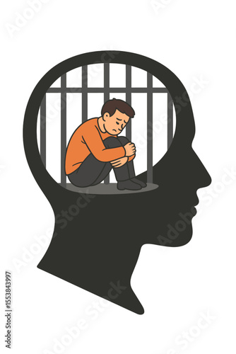 Mental prison concept. Person trapped inside head silhouette with jail bars. Limited thinking, negative mindset, depression, anxiety, psychological barrier, mental health, personal growth obstacle