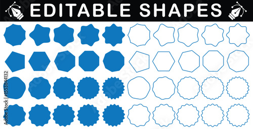 Set of editable vector starburst and polygon badge shapes in solid and outline styles for graphic design, labels, and web decoration