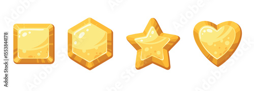 Golden game buttons. Cartoon gold stone frames and buttons, gravel rock gambling plates, golden rock stones signs flat vector illustration set. Stone buttons on white