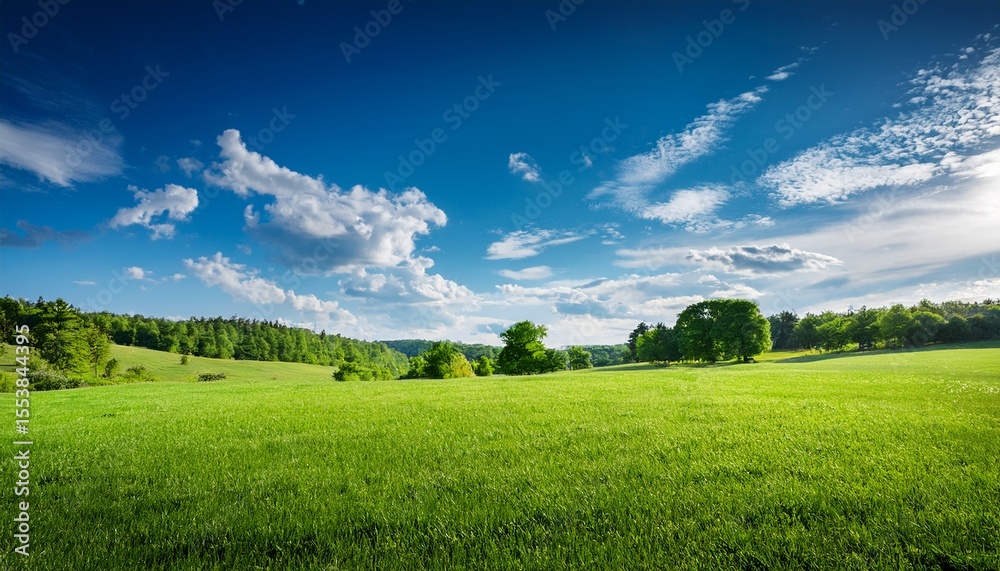 Fototapeta premium a lush green meadow under a bright blue sky with scattered clouds creating a serene and peaceful natural landscape