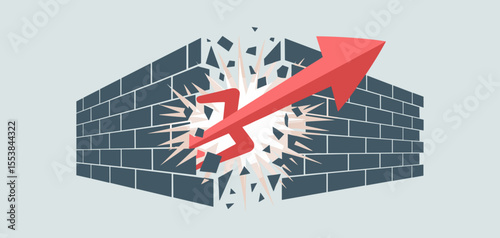red arrow breaking through a brick wall, vector illustration for overcoming barriers, business breakthrough and disruptive innovation
