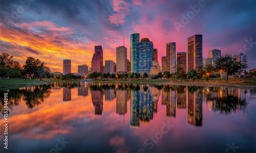 City skyline reflects in calm water during sunset