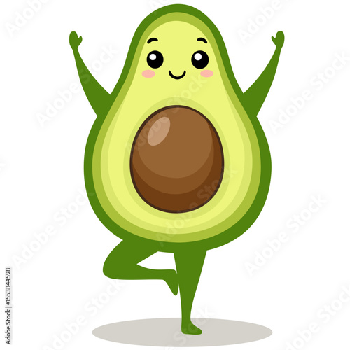 Avocado yoga. Avocado character design on white background. Morning exercises for children. Cute vector illustration for greeting cards, stickers, fabric, websites and prints.