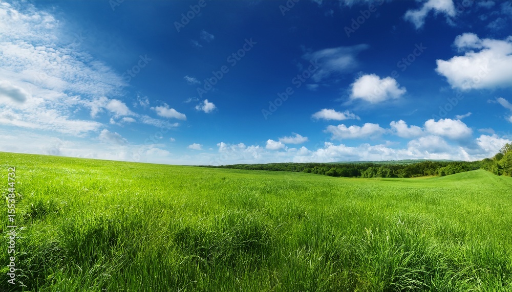 Fototapeta premium a lush green meadow under a bright blue sky with scattered fluffy clouds on a sunny day