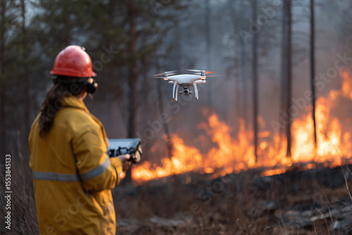 High tech drone monitoring forest fire with thermal vision